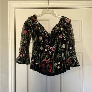 Black Floral Bell Sleeve Blouse